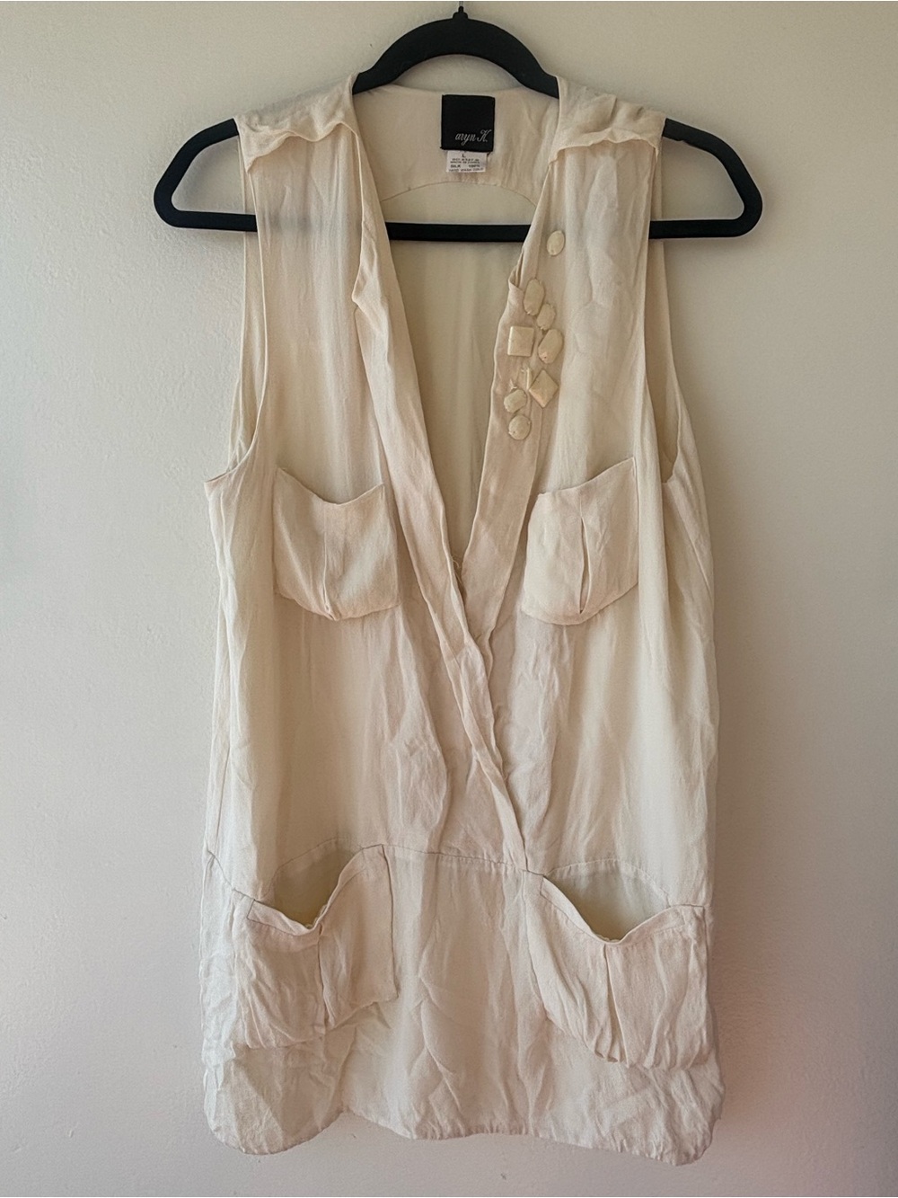 Aryn K 100% silk Cream Sleeveless V-Neck Pocket Tunic with Embellished Buttons